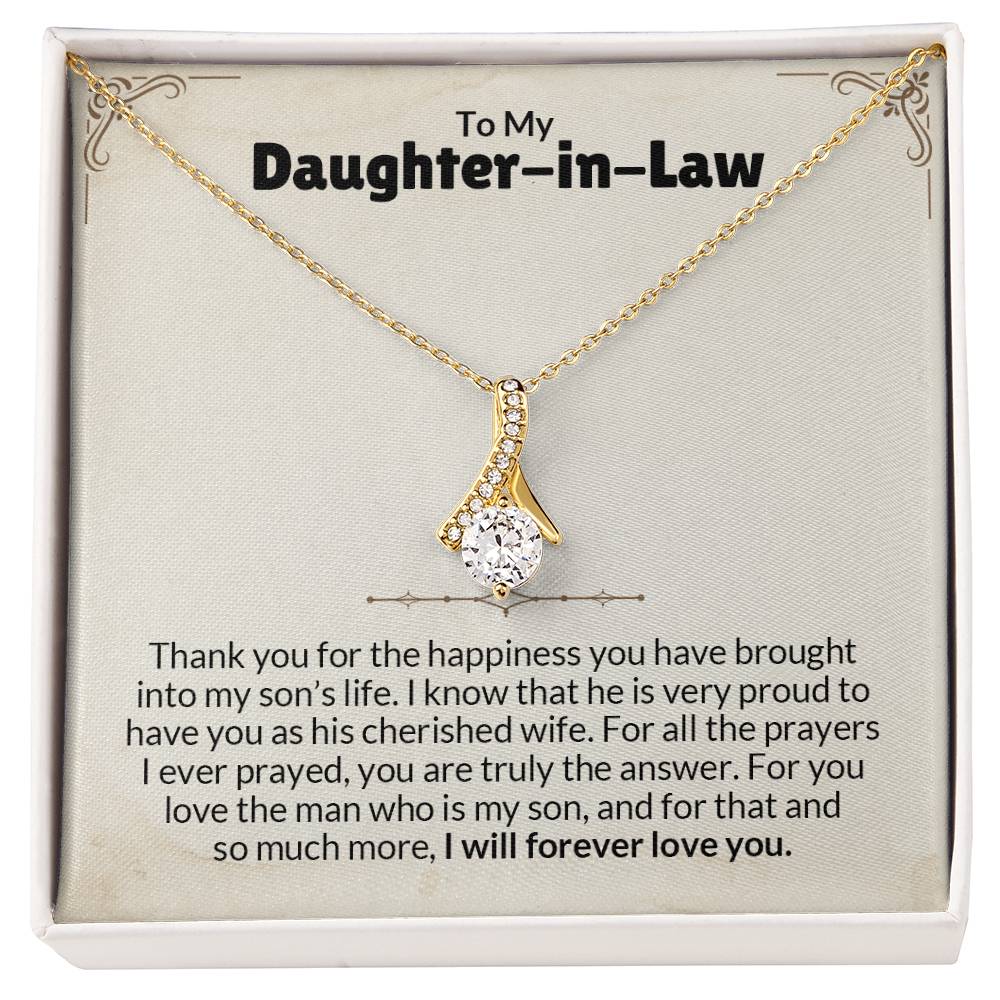 Elegant necklace for daughter-in-law with heartfelt message on display box, perfect gift for showing appreciation and love.