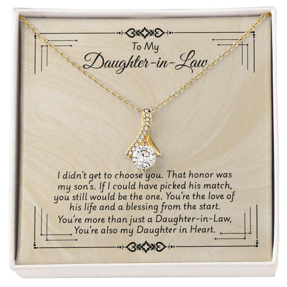 Alluring Beauty necklace for daughter-in-law with heartfelt message in gift box, featuring a ribbon-shaped pendant.