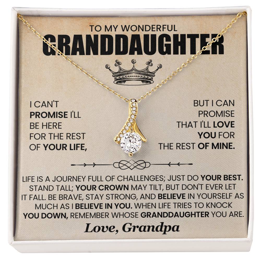 Gold finished necklace resting on a card with a heartfelt message to granddaughter; the perfect gift for love and encouragement.