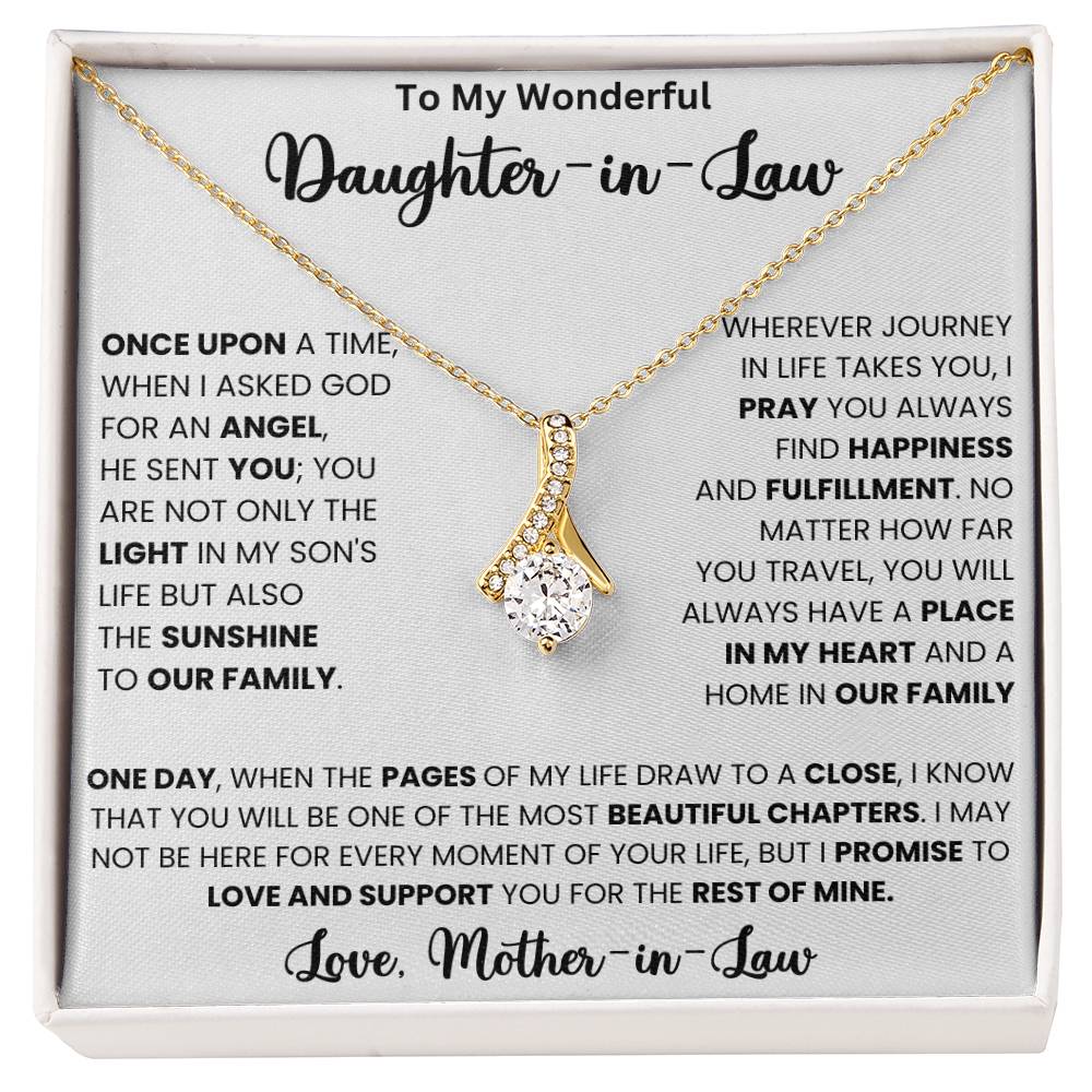 Alluring Beauty necklace with gold pendant and heartfelt message from mother-in-law to daughter-in-law on gift box