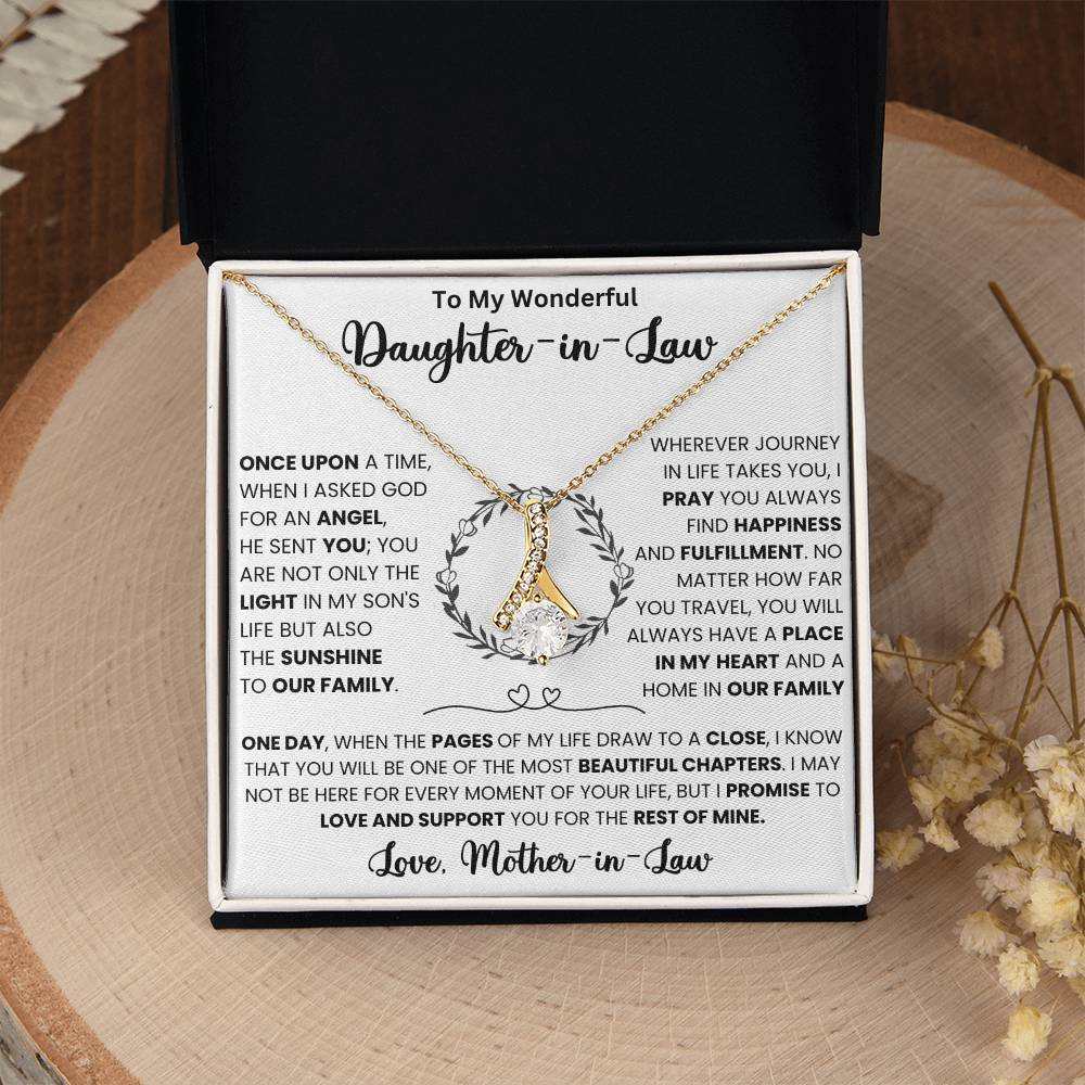 Forever Love Necklace with message card for daughter-in-law, featuring a ribbon pendant in a gift box.