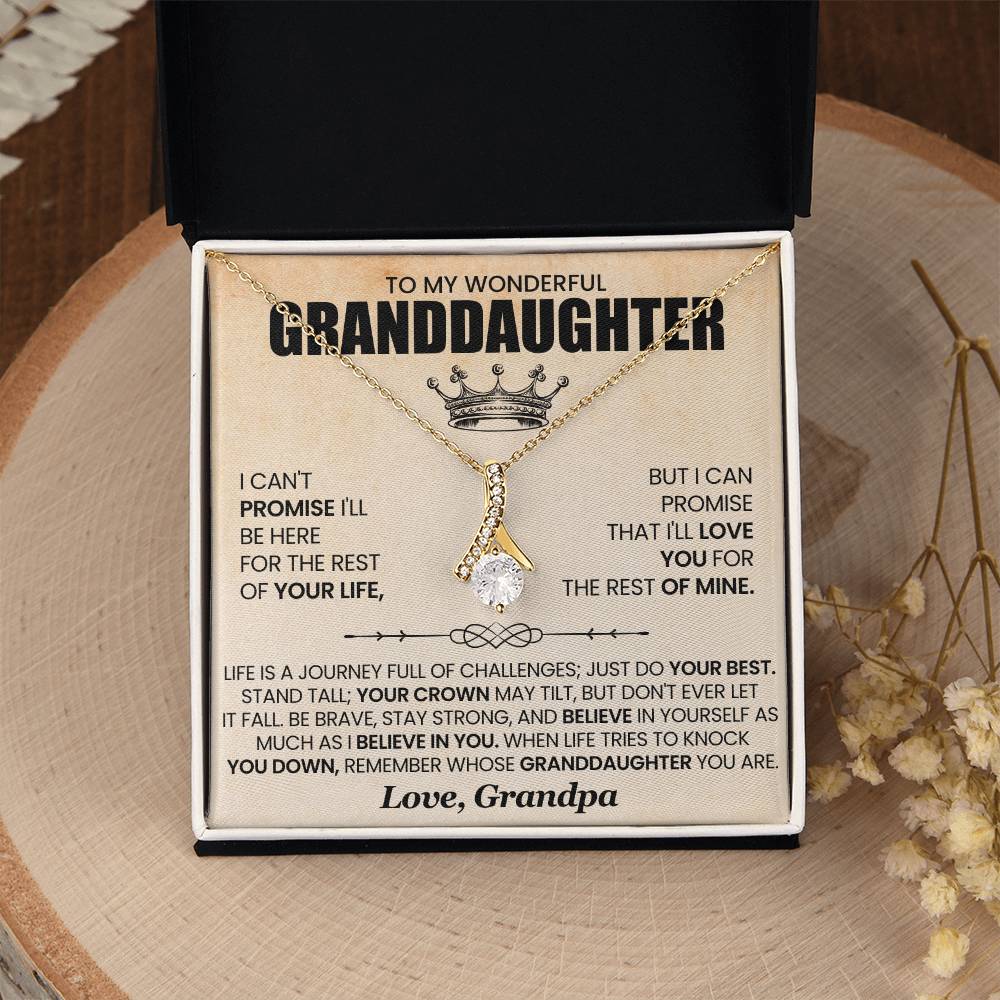 Alluring Beauty necklace with heartfelt message for granddaughter in elegant gift box, featuring 14k gold pendant.