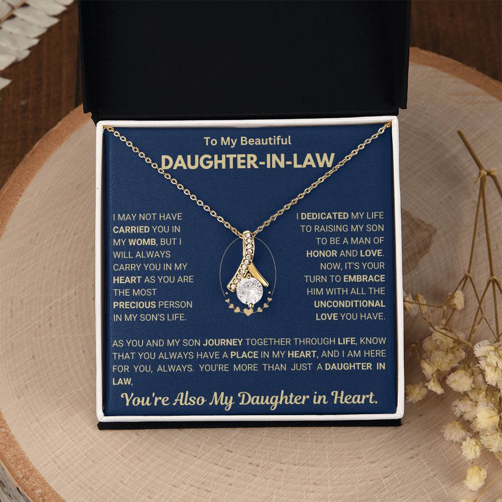 Alluring Beauty necklace for daughter-in-law with heartwarming message and ribbon-shaped pendant, perfect gift to show love and appreciation