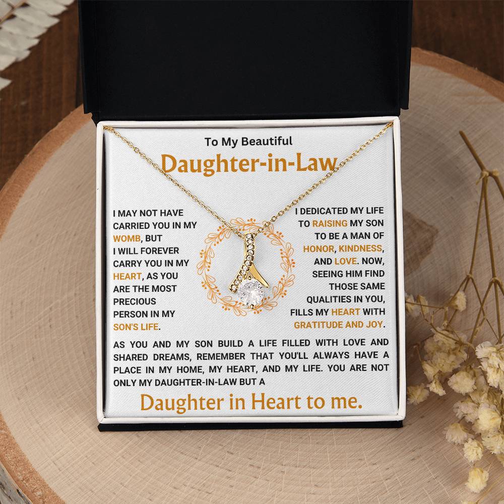 Alluring Beauty necklace for daughter-in-law with heartfelt message in gift box, perfect for special occasions like birthdays or anniversaries.