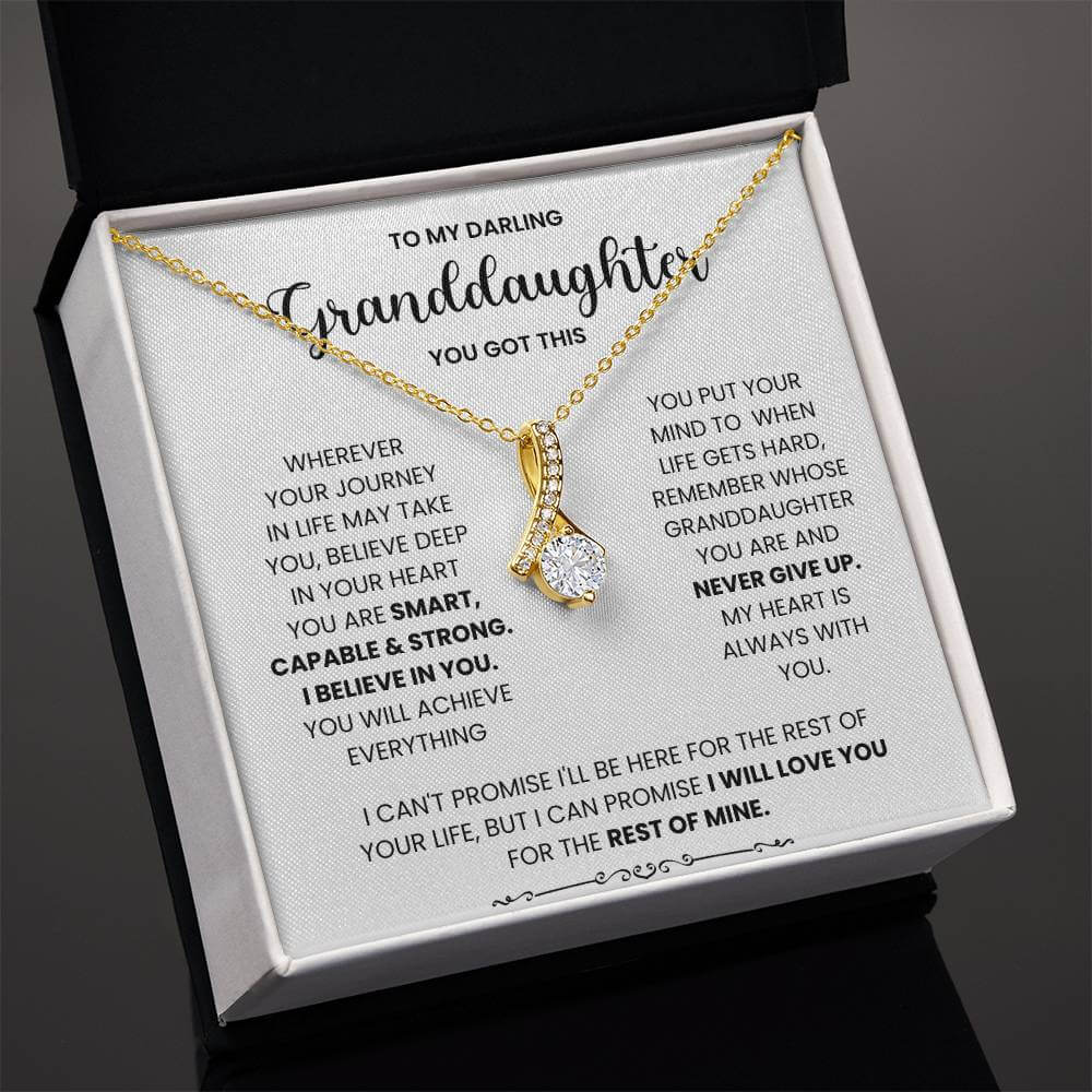 Gold Alluring Beauty necklace with message card for granddaughter - "You Are Smart, Capable & Strong" in gift box