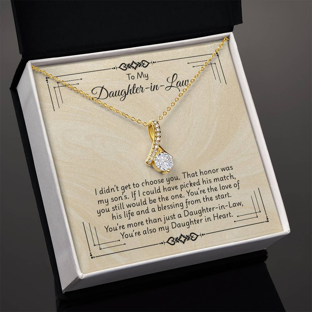 Alluring Beauty necklace with ribbon pendant in gift box for daughter-in-law, featuring heartfelt message.