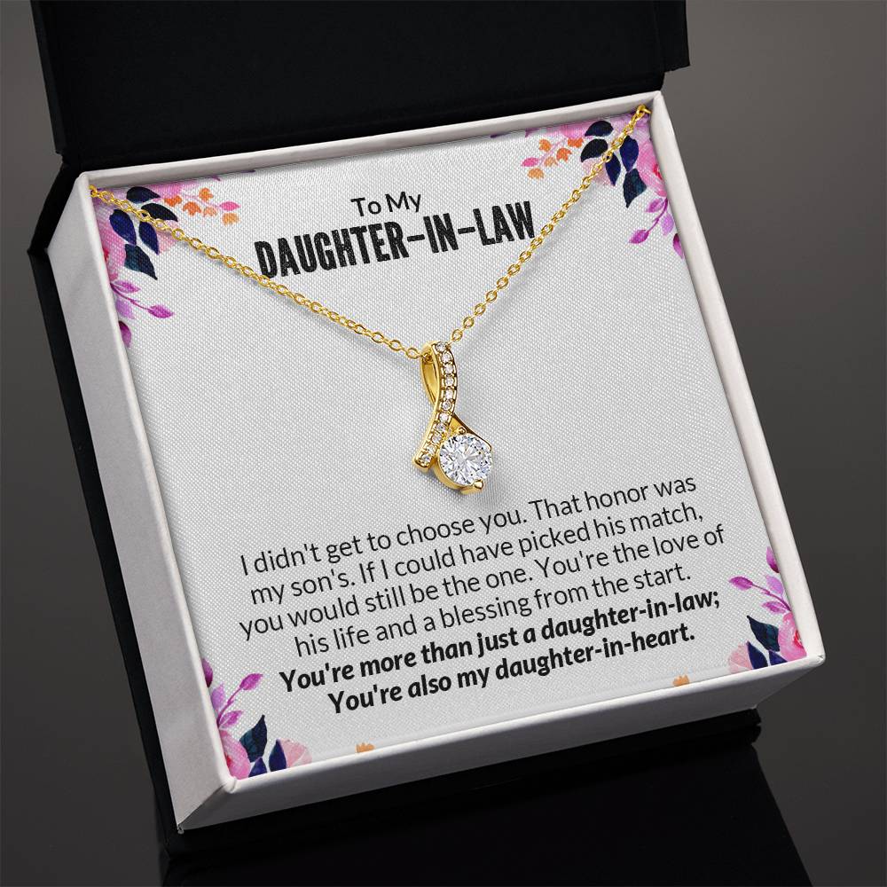 Gold Alluring Beauty necklace for daughter-in-law with heartfelt message, elegant ribbon pendant, perfect gift.