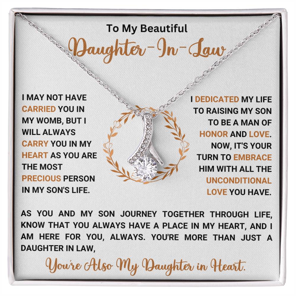 To My Beautiful Daughter-In-Law necklace with heartfelt message in gift box, perfect gift for daughter-in-law, 50% off + free shipping