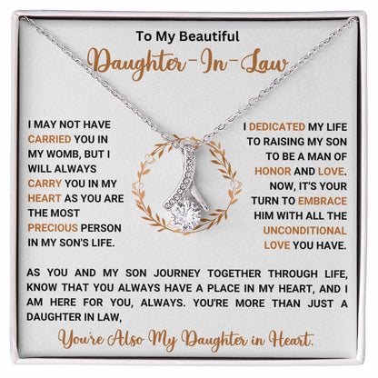 To My Beautiful Daughter-In-Law necklace with heartfelt message in gift box, perfect gift for daughter-in-law, 50% off + free shipping