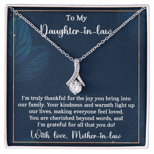 Alluring Beauty necklace gift for daughter-in-law with heartfelt message from mother-in-law, featuring a sparkling ribbon pendant.