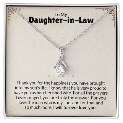 Alluring Beauty necklace for daughter-in-law with heartfelt message of appreciation and love in elegant gift box.