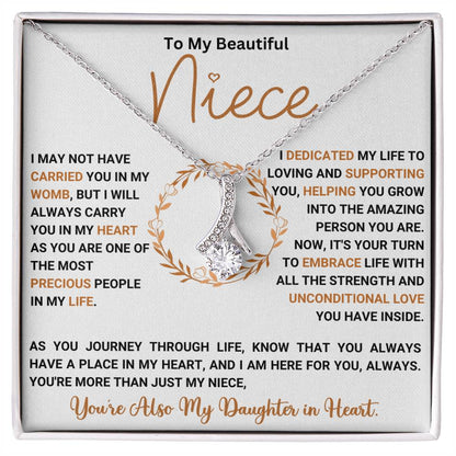 Alluring Beauty necklace for niece with heartfelt message card, featuring ribbon pendant, perfect sentimental gift for special occasions