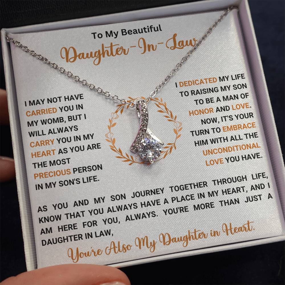 "To My Beautiful Daughter-In-Law necklace with heartfelt message on display, perfect gift for daughter-in-law, includes free shipping"