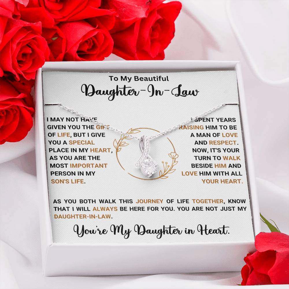 "To My Beautiful Daughter In Law necklace gift box with red roses, ribbon pendant, and heartfelt message."