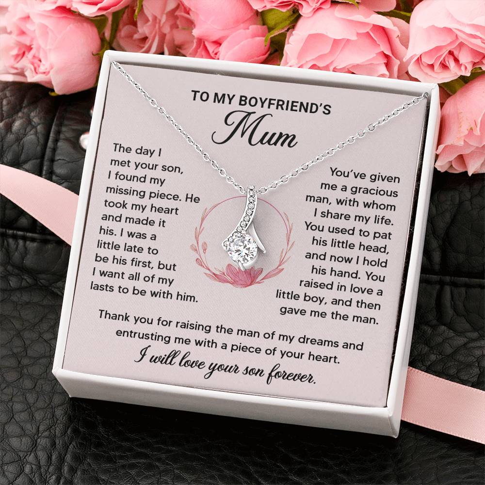 Silver ribbon pendant necklace in gift box with heartfelt message for boyfriend's mum, perfect appreciation gift.