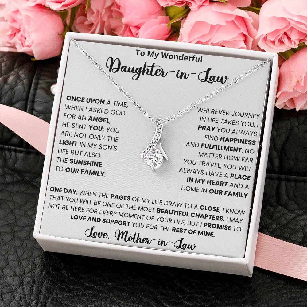 Alluring Beauty necklace with pendant, To My Wonderful Daughter in Law message, gift box with roses, perfect for special occasions