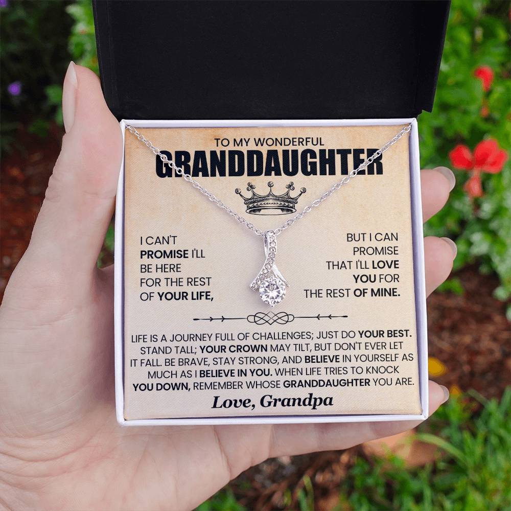 Alluring Beauty necklace gift box for granddaughter, featuring a touching message from grandpa with a ribbon-shaped pendant.