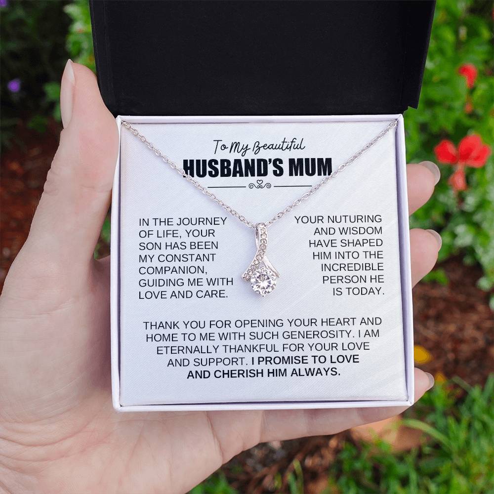 Alluring Beauty necklace in gift box with heartfelt message for husband's mum, expressing love and gratitude.