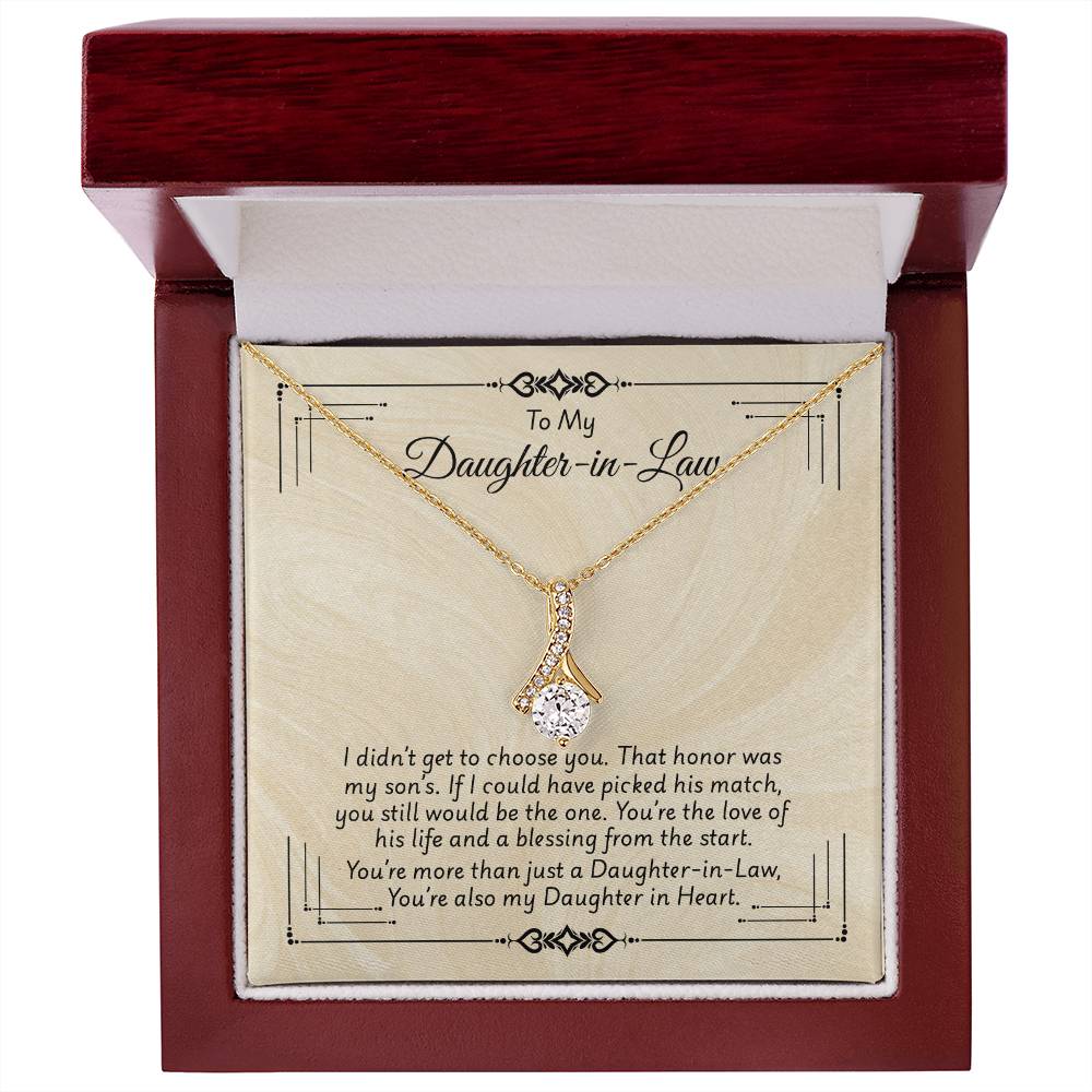 Alluring Beauty necklace with ribbon pendant in gift box, "To My Daughter-In-Law" message card, ideal gift for daughter-in-law.