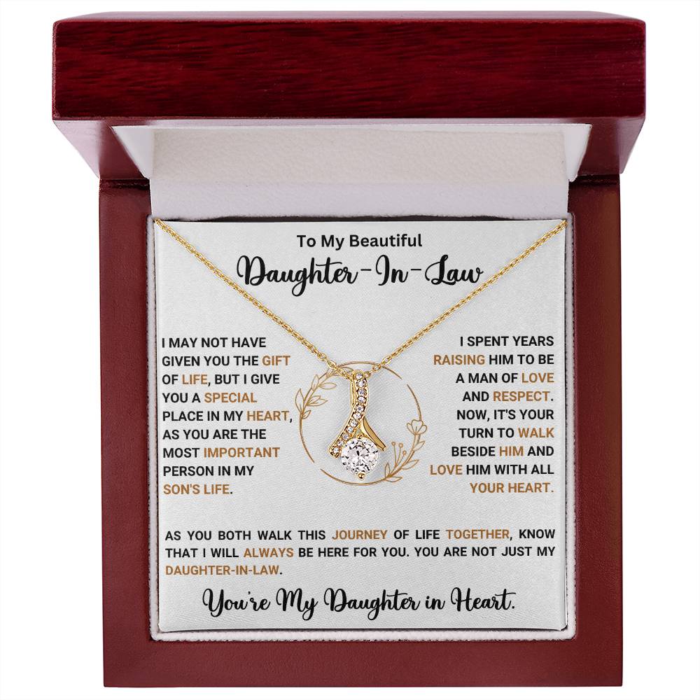 Elegant necklace gift for daughter-in-law with heartfelt message in a wooden box.