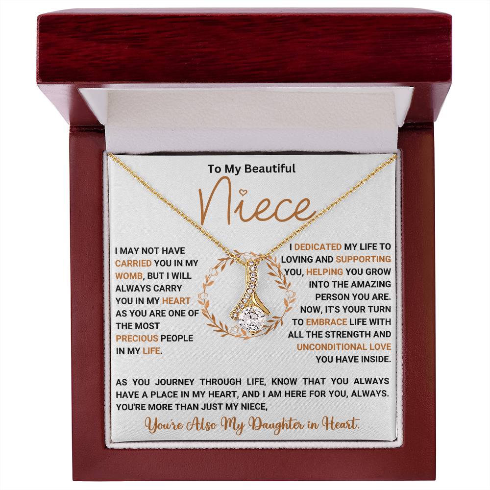 Gold necklace gift for niece with heartfelt message in a wooden box, perfect for birthdays or special occasions.