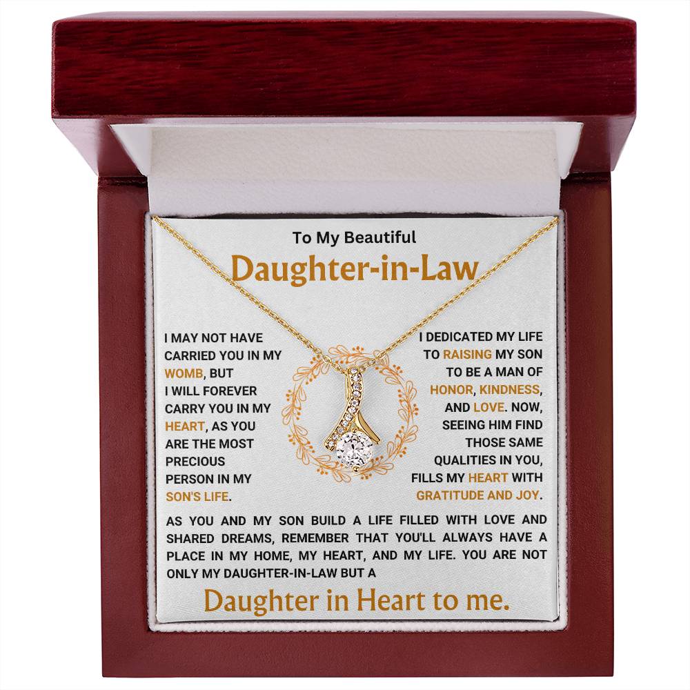 Alluring Beauty necklace in a wooden box with heartfelt message for daughter-in-law, "Daughter in Heart," 50% off, free shipping.