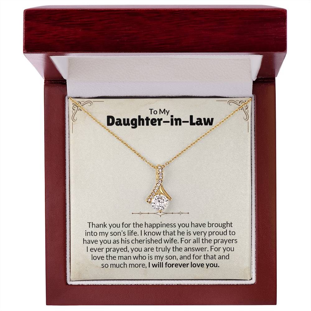 Alluring Beauty necklace gift box with a note, "To My Daughter-in-Law - Forever Love" featuring a ribbon-shaped pendant.