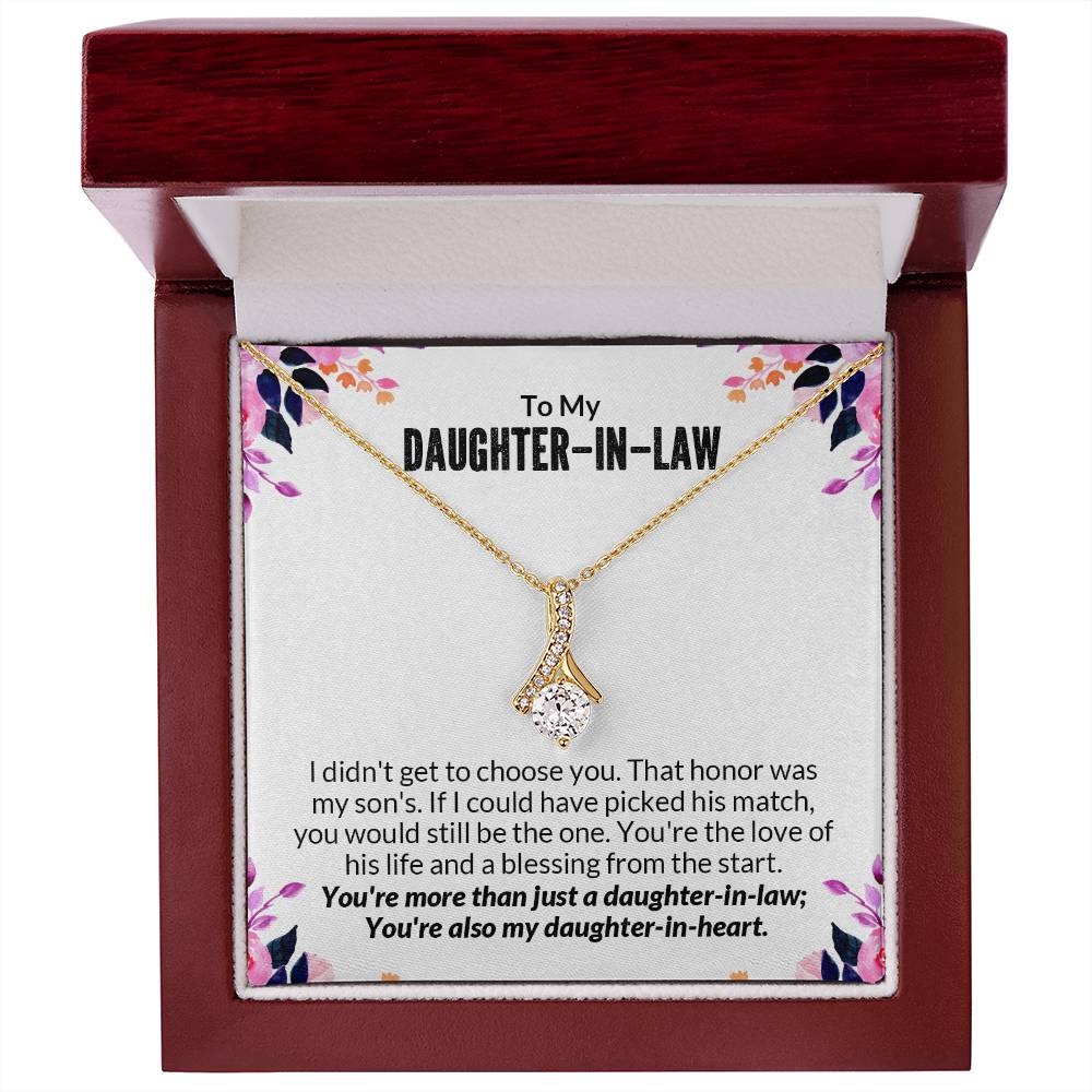 Alluring Beauty necklace gift for daughter-in-law with sentimental message in elegant box.