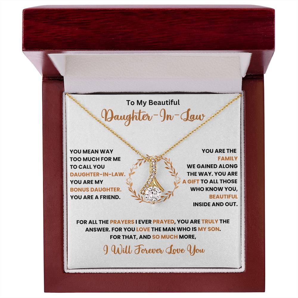 "To My Beautiful Daughter-In-Law - Alluring Beauty necklace with a heartfelt message in a decorative box"