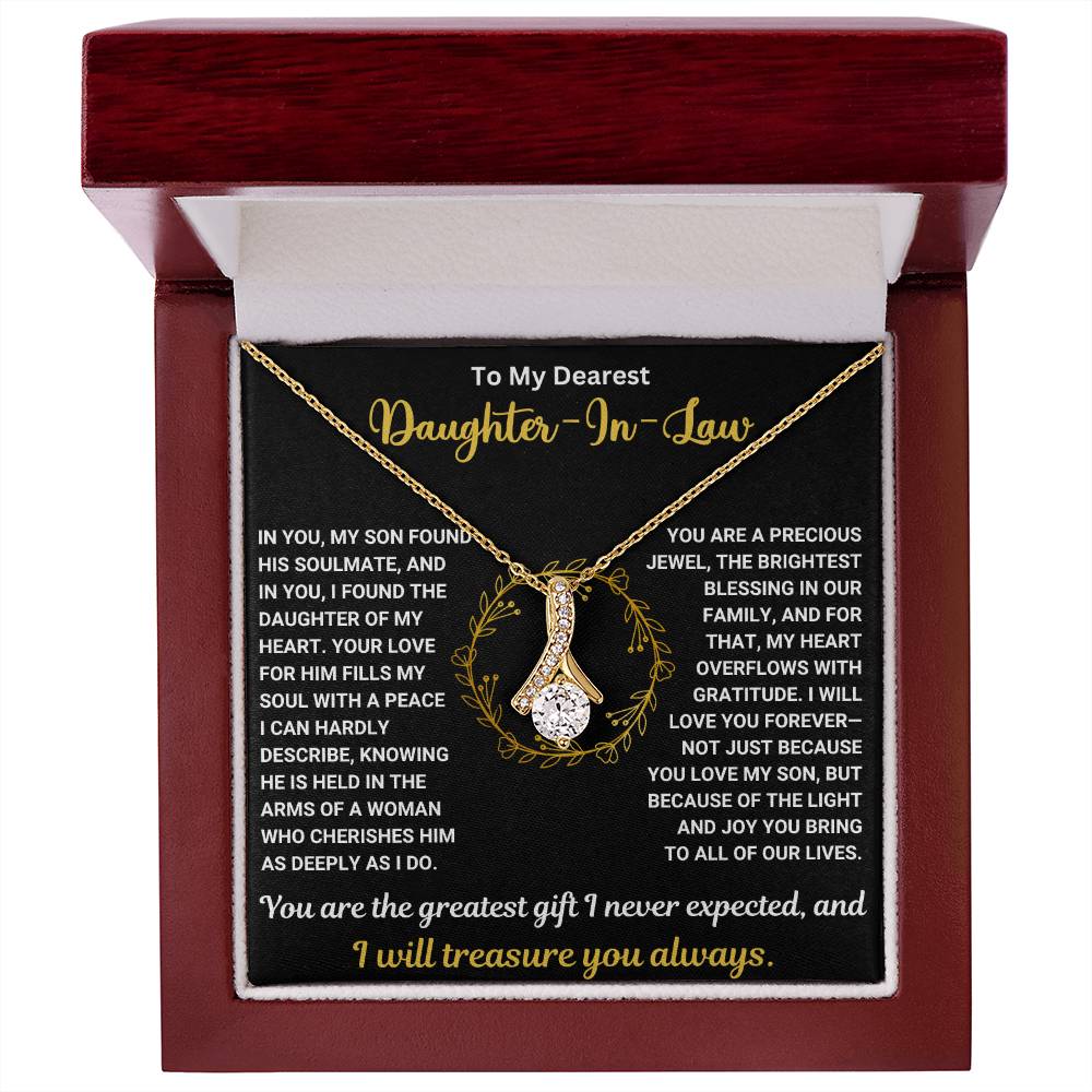 To My Dearest Daughter-In-Law necklace gift with heartfelt message in a red box