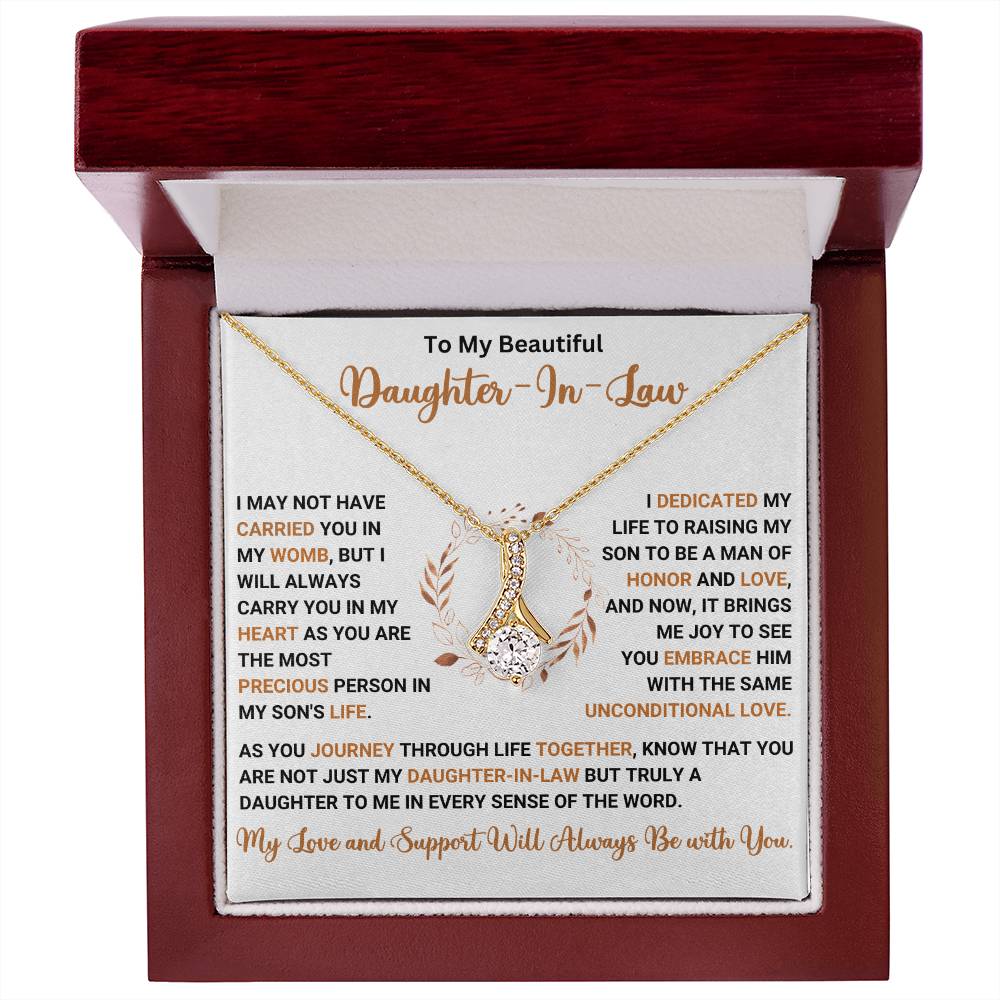 Alluring Beauty necklace gift for daughter in law with heartwarming message in elegant box