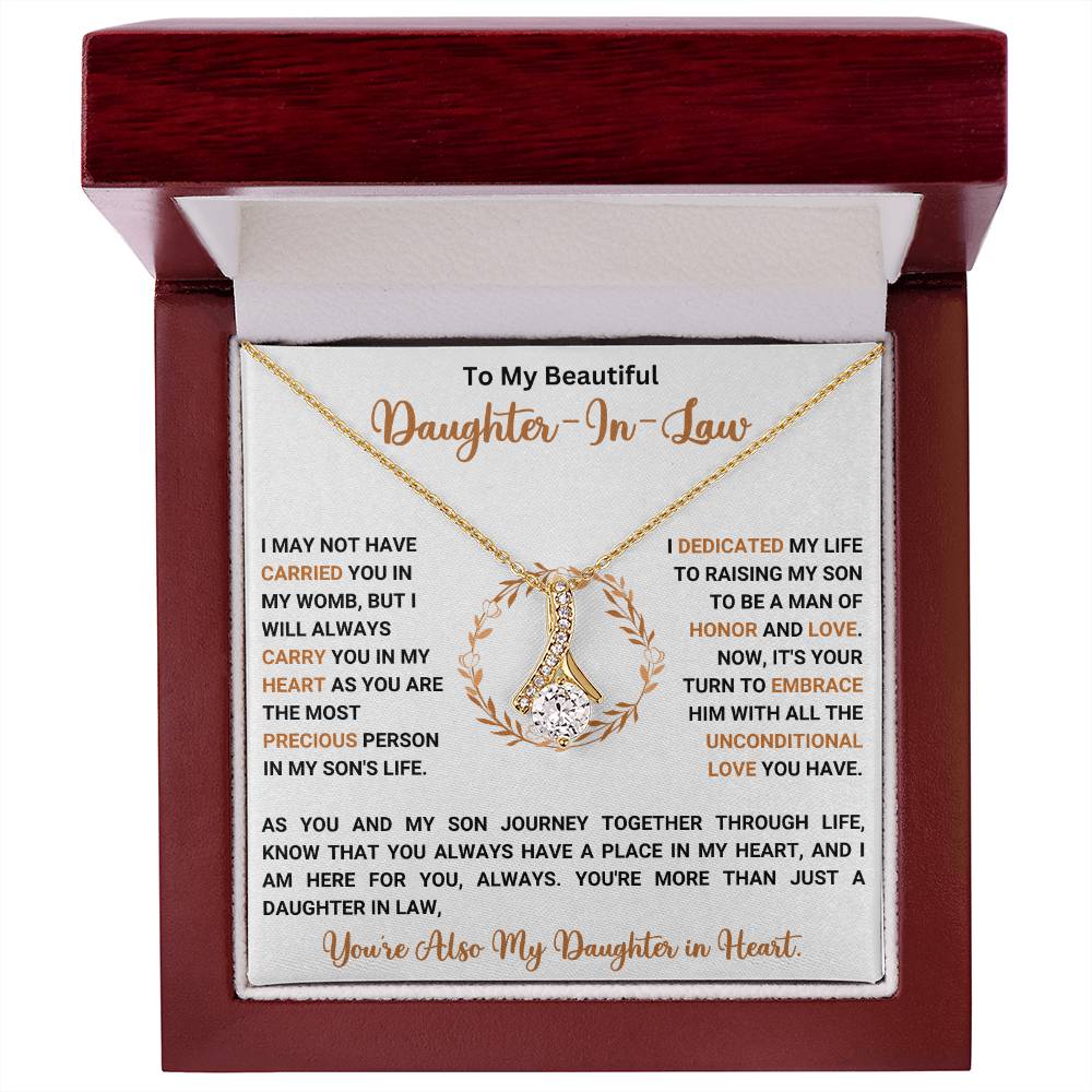 "To My Beautiful Daughter-In-Law necklace gift with heartfelt message in jewelry box"