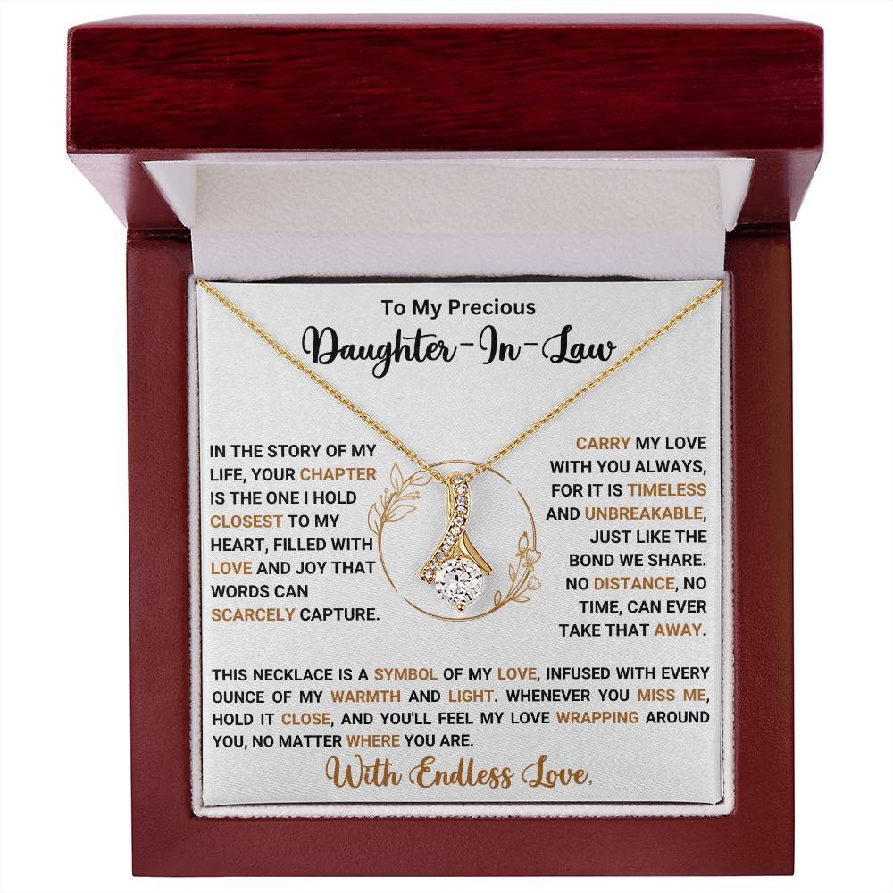 Alluring Beauty Necklace gift for daughter-in-law with heartfelt message in elegant box.