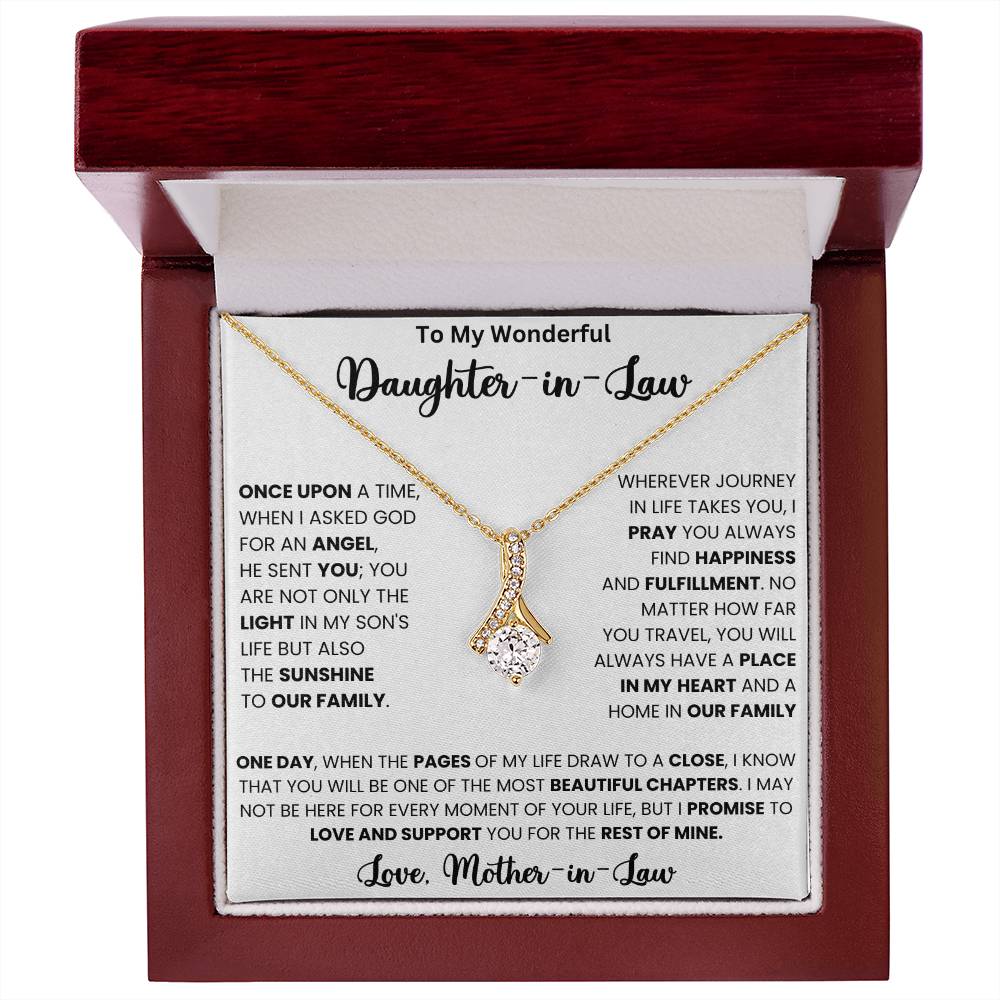 Alluring Beauty necklace in a wooden box with a heartfelt message for daughter-in-law from mother-in-law, perfect gift for special occasions.