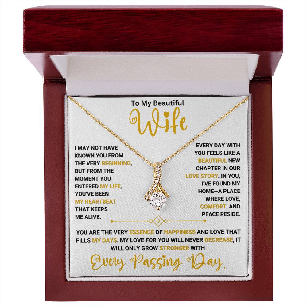 Gold necklace with heartfelt message for wife in elegant wooden box - perfect anniversary gift.