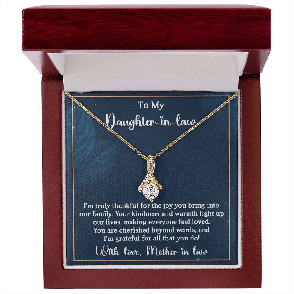 Alluring Beauty necklace gift box for daughter-in-law with heartfelt message and ribbon-shaped pendant.