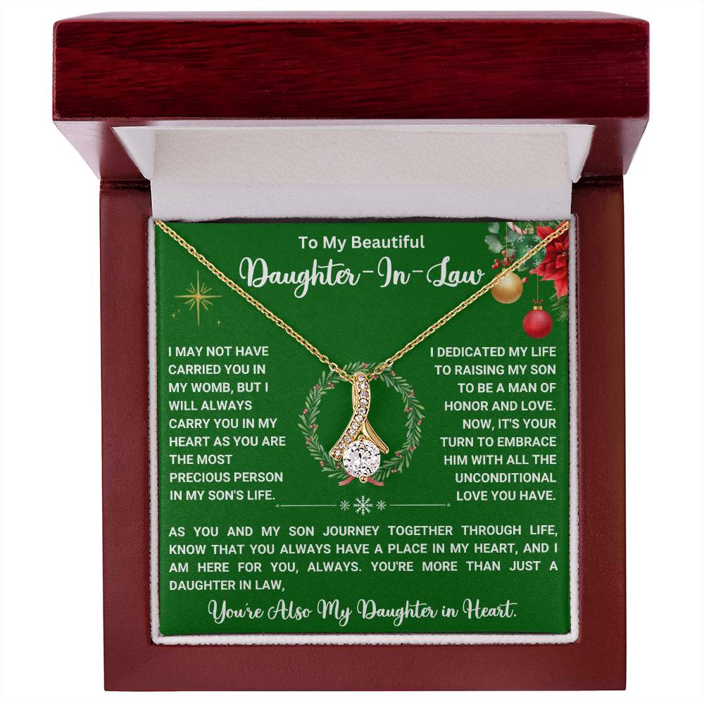 Alluring Beauty necklace gift for daughter-in-law in a box with heartfelt message.