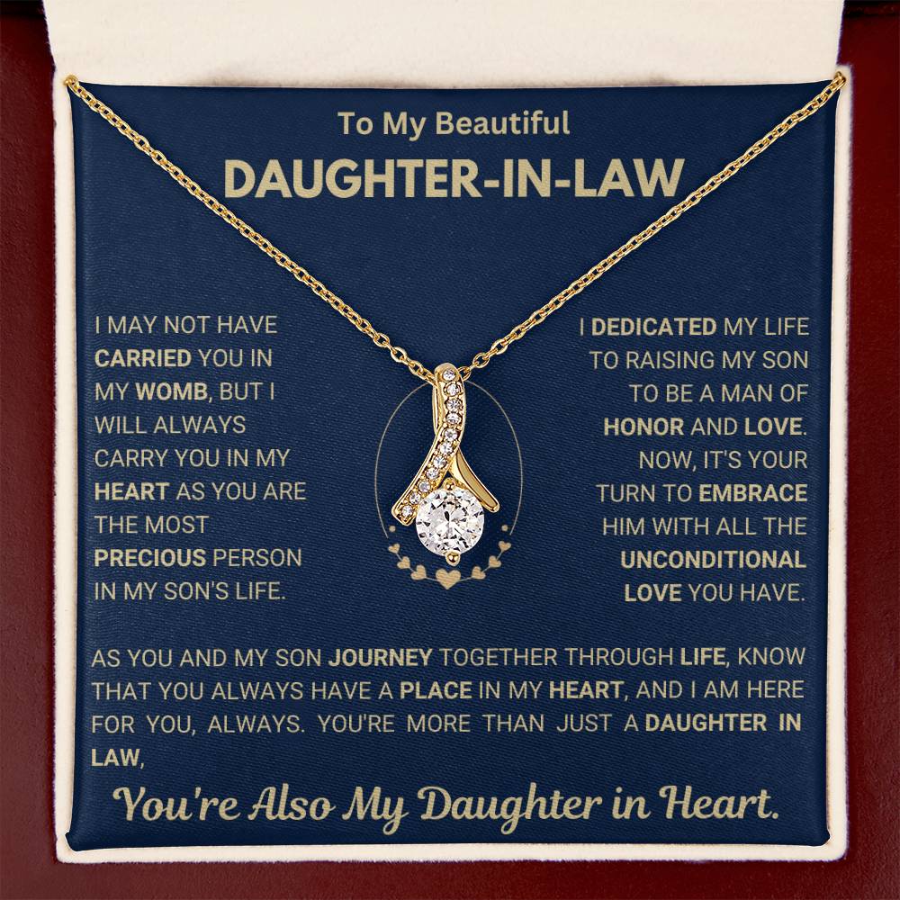 Elegant Alluring Beauty necklace with message for daughter-in-law about love and appreciation, perfect gift with a ribbon-shaped pendant.