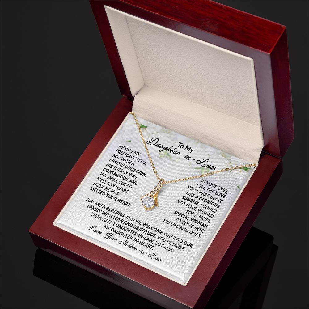 Elegant Alluring Beauty necklace with heartfelt message for daughter-in-law displayed in a luxurious gift box.