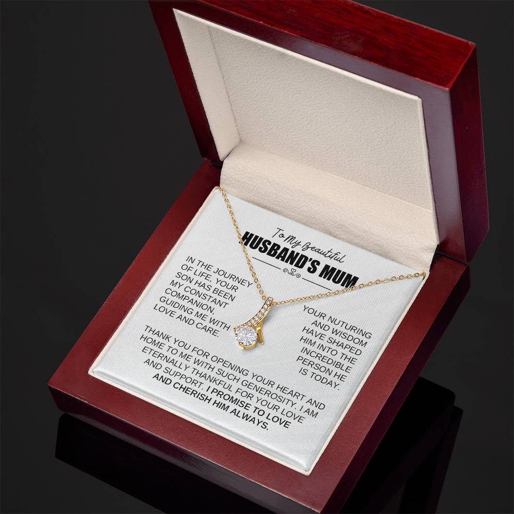 To My Beautiful Husband's Mum necklace in a gift box, showcasing heartfelt message and elegant ribbon pendant.