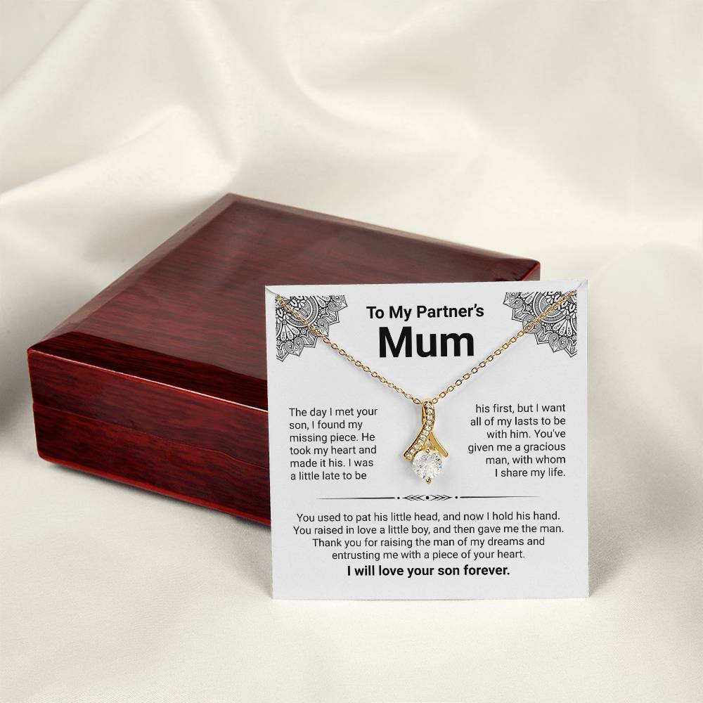 To My Partner's Mum necklace with elegant ribbon pendant, gift box, and heartfelt message of appreciation.