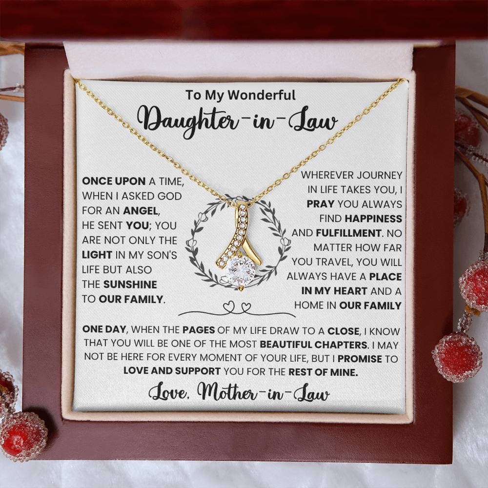 Gold Forever Love necklace for daughter-in-law with heartfelt message from mother-in-law in a gift box.