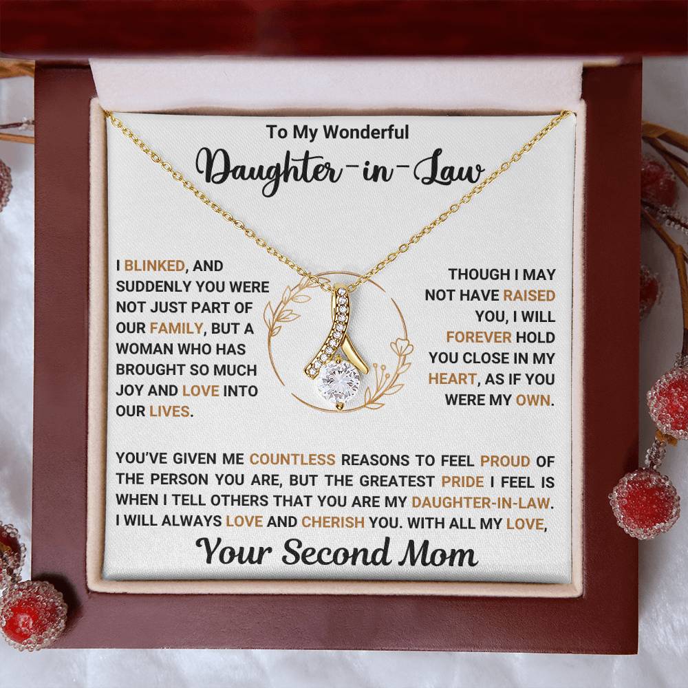 Alluring Beauty necklace gift for daughter-in-law with heartfelt message from second mom in elegant gift box.