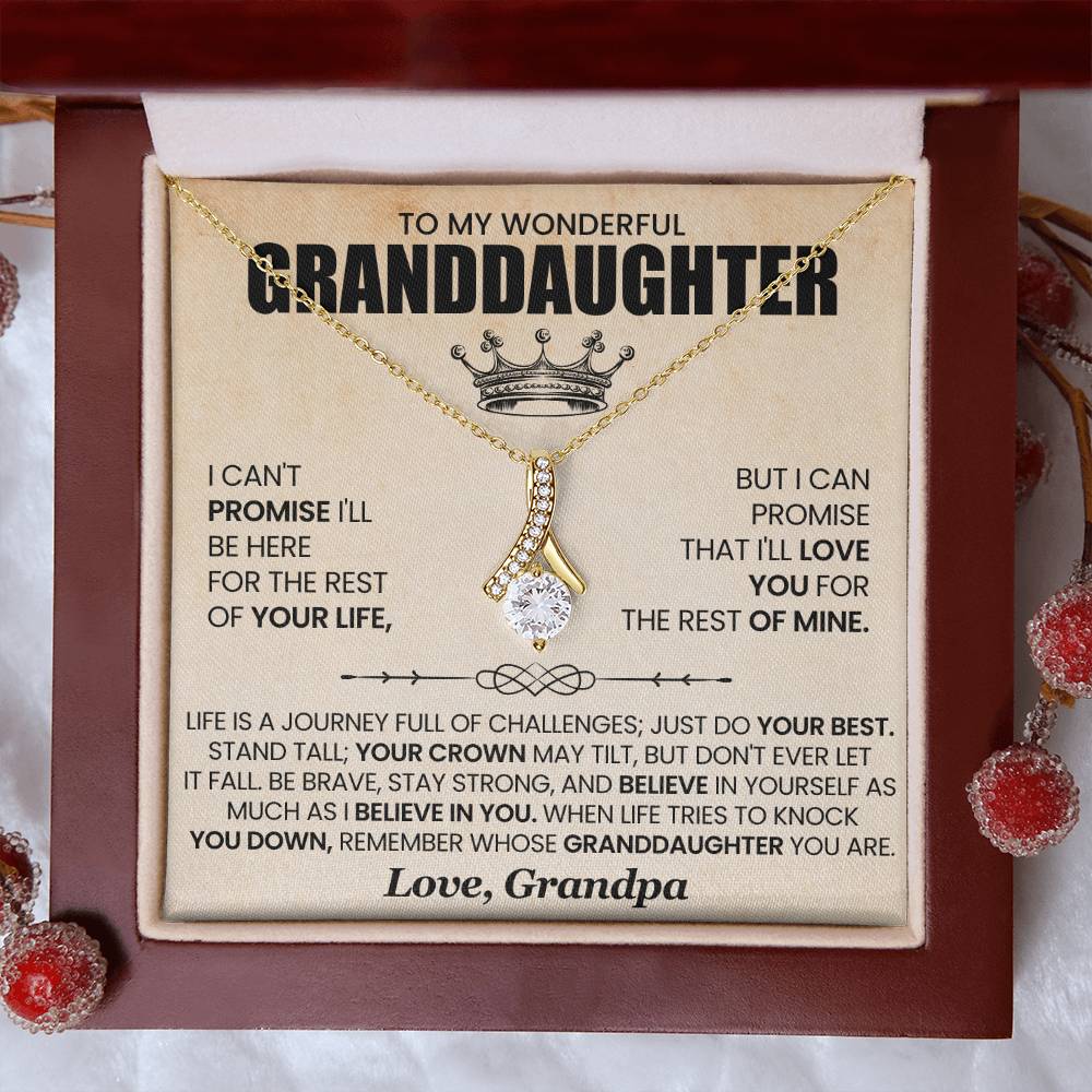 "Alluring Beauty necklace gift for granddaughter with heartfelt message from grandpa in a jewelry box"