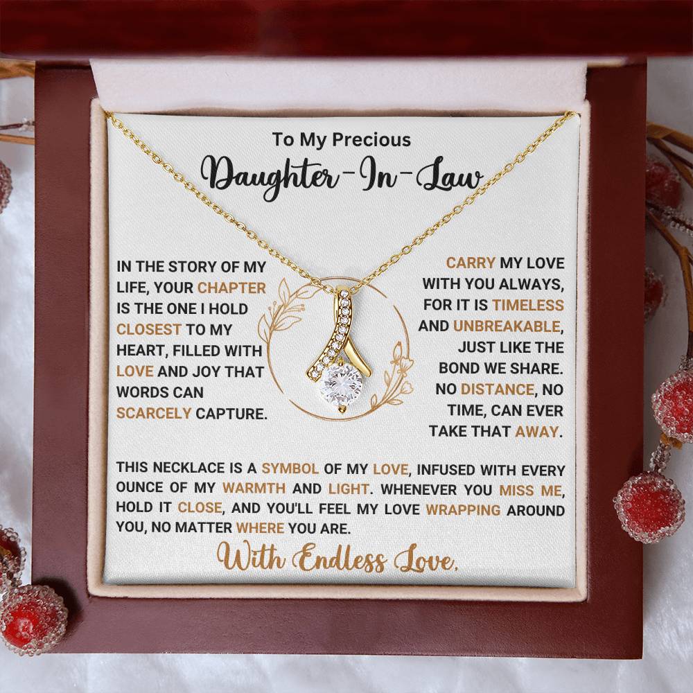 Alluring Beauty necklace for daughter-in-law, ribbon pendant with message card in gift box, perfect heartfelt gift.