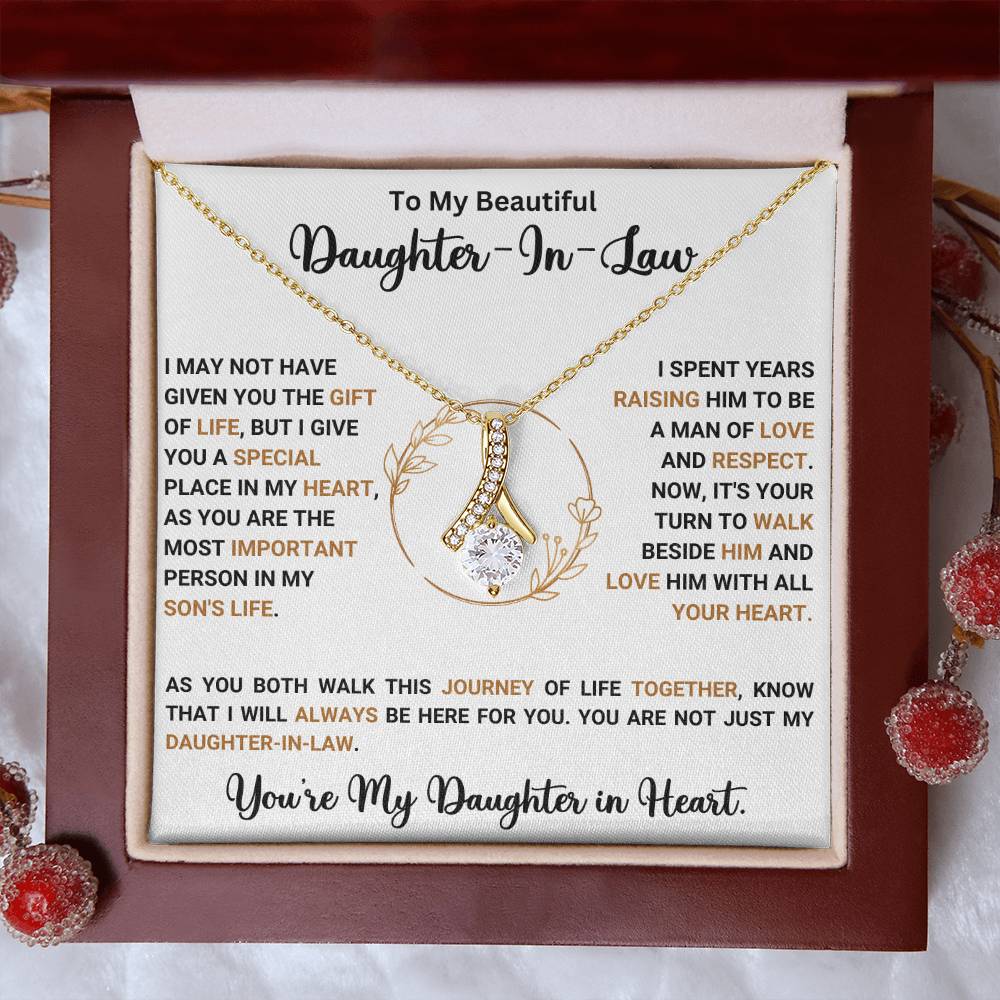 "To My Beautiful Daughter In Law necklace with heartfelt message, gold ribbon pendant, perfect daughter-in-law gift"