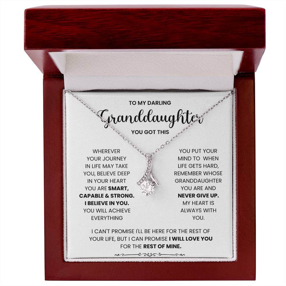 Alluring Beauty necklace for granddaughter with heartfelt message in red box.