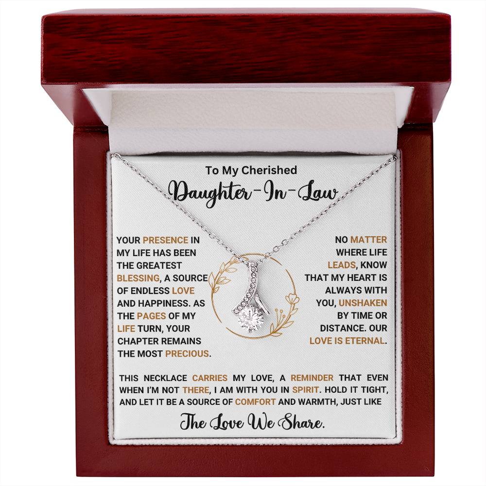 Alluring Beauty necklace for daughter-in-law in gift box with heartfelt message, perfect for special occasions like birthdays or anniversaries.