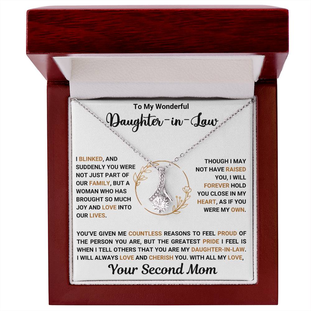 Alluring Beauty necklace in gift box with heartfelt message for daughter-in-law, featuring elegant pendant on delicate chain.