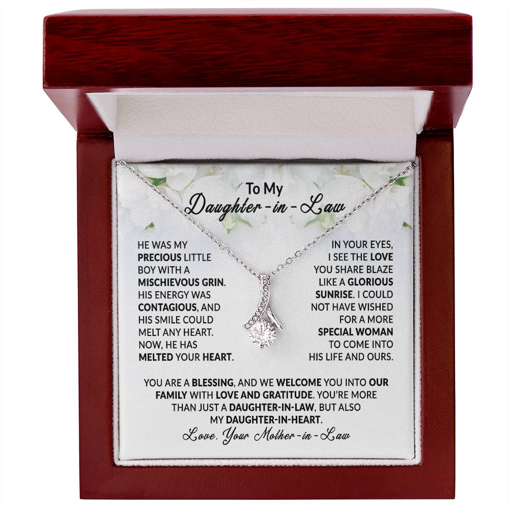 Alluring Beauty necklace gift for daughter-in-law in wooden box with heartfelt message.